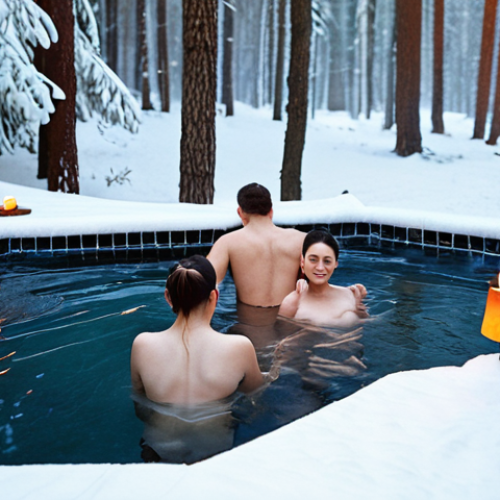 Home 6 **A serene winter scene:** A group of people relaxing in a steaming thermal pool surrounded by a snow-covered forest near Krasnodar. The water is glowing slightly, and some people are enjoying SPA treatments like massage. Focus on capturing the feeling of relaxation and the contrast between the hot water and the cold environment.