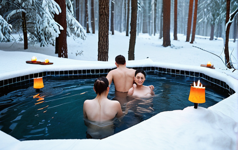 **A serene winter scene:** A group of people relaxing in a steaming thermal pool surrounded by a snow-covered forest near Krasnodar. The water is glowing slightly, and some people are enjoying SPA treatments like massage. Focus on capturing the feeling of relaxation and the contrast between the hot water and the cold environment.